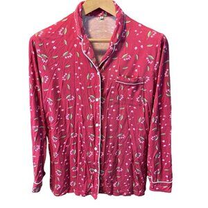Red Button Front Long Sleeve Floral Patterned Pajama Top Sz M